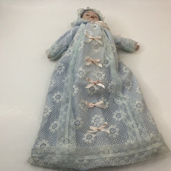 Vintage Wind Up Moving Baby Doll Blue Lace Gown & Hat Pink Bows - Picture 5 of 16